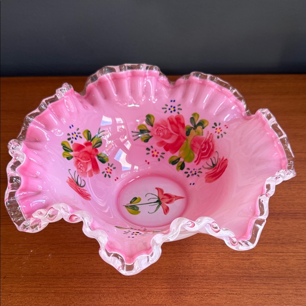 Pink FENTON Silver Crest Bowl with Ruffled Rim and Hand Painted Flowers